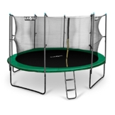 Klarfit Rocketboy 430 Outdoor Trampolin großes Gartentrampolin mit Sicherheitsnetz und Leiter für Kinder (430 cm Durchmesser, inkl. Leiter Netz und Regenschutz, gepolsterten Stangen, bis max. 150kg) grün